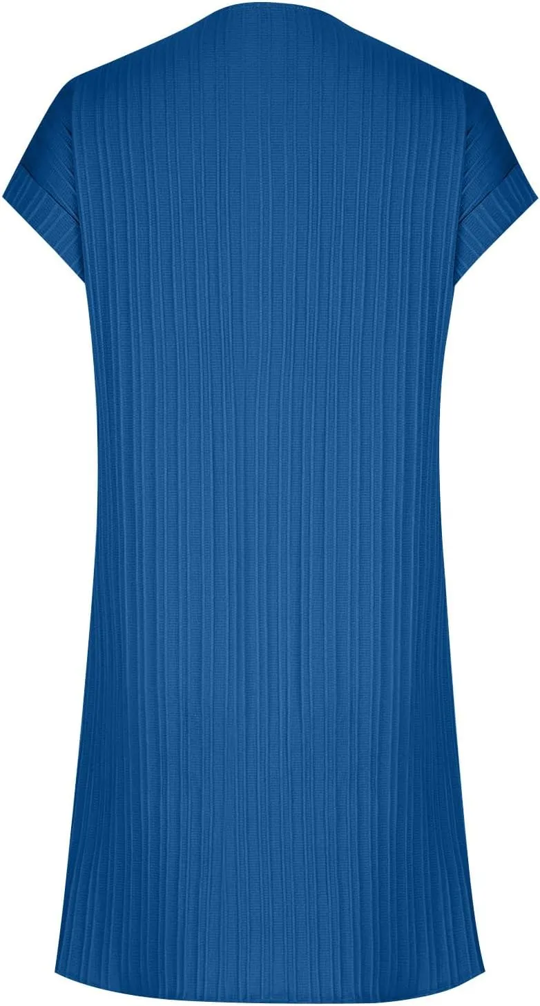 Womens Pleated T Shirt Dresses Summer Vacation Casual Roll Up Short Sleeve Button V Neck Tunic Tee Shirts Mini Dress