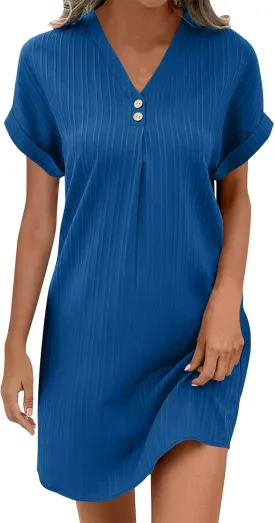 Womens Pleated T Shirt Dresses Summer Vacation Casual Roll Up Short Sleeve Button V Neck Tunic Tee Shirts Mini Dress
