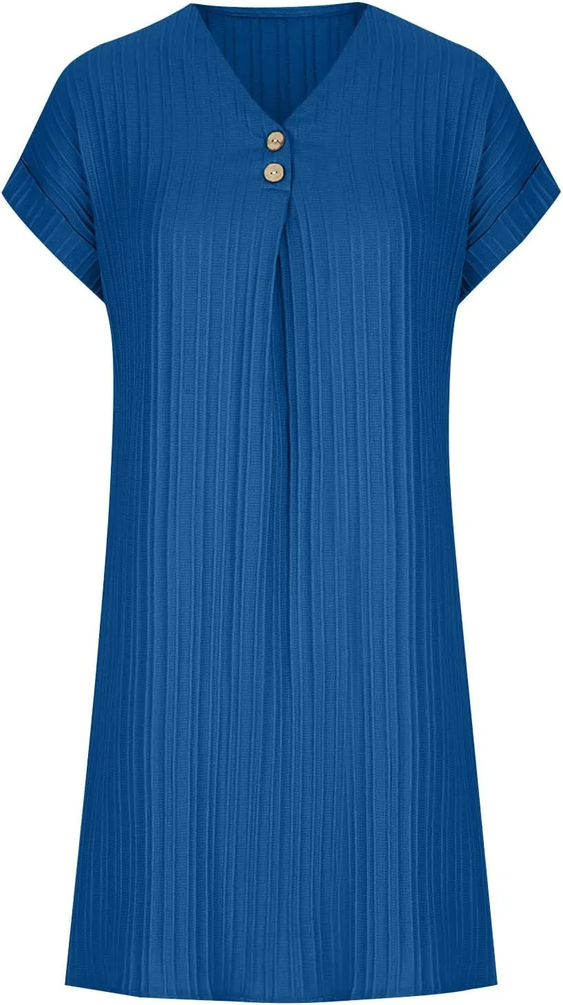Womens Pleated T Shirt Dresses Summer Vacation Casual Roll Up Short Sleeve Button V Neck Tunic Tee Shirts Mini Dress
