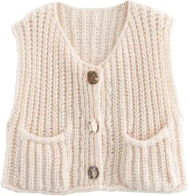 Women's Sleeveless Knit Cardigan Casual Button Down Cropped Knitted Sweater Vest with Pockets