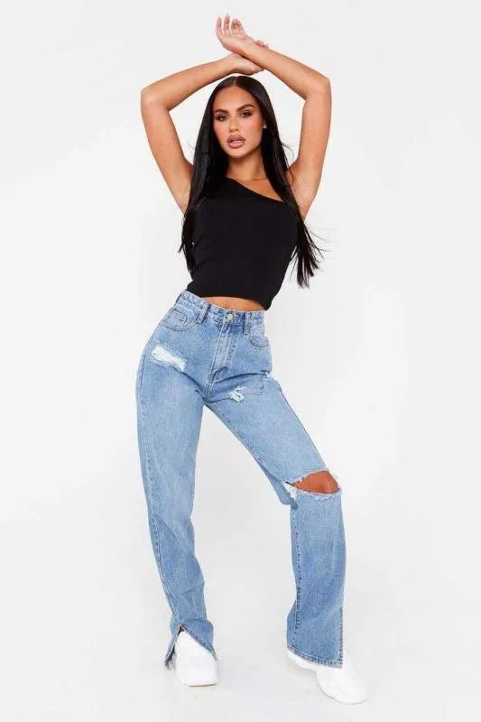 Women's Straight Ripped Jeans With Ankle Slits