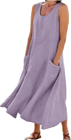 Women's Summer Cotton Linen Long Dress Sleeveless Elegant Flowy Maxi Dresses Plus Size Loose Comfy Dress with Pockets