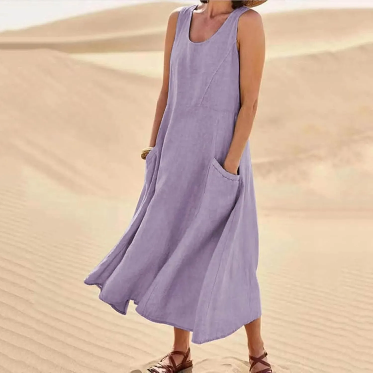 Women's Summer Cotton Linen Long Dress Sleeveless Elegant Flowy Maxi Dresses Plus Size Loose Comfy Dress with Pockets