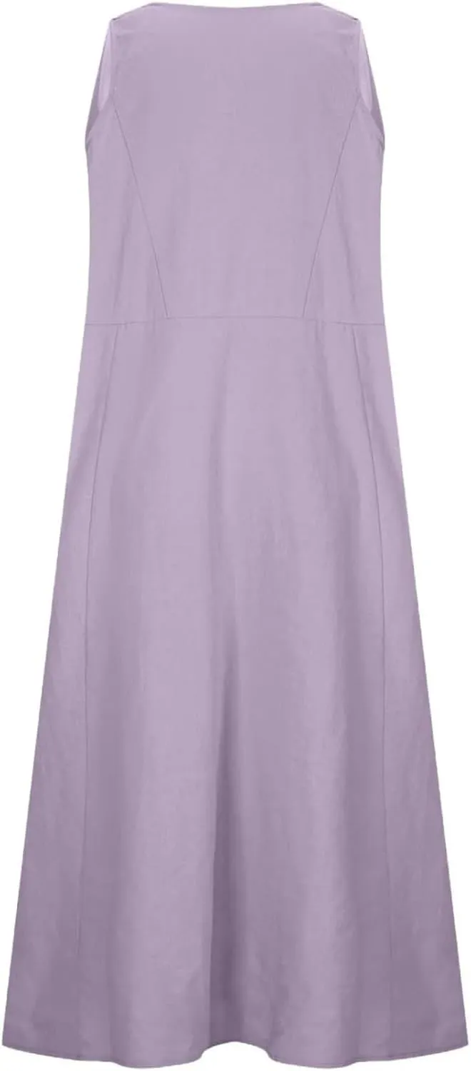 Women's Summer Cotton Linen Long Dress Sleeveless Elegant Flowy Maxi Dresses Plus Size Loose Comfy Dress with Pockets