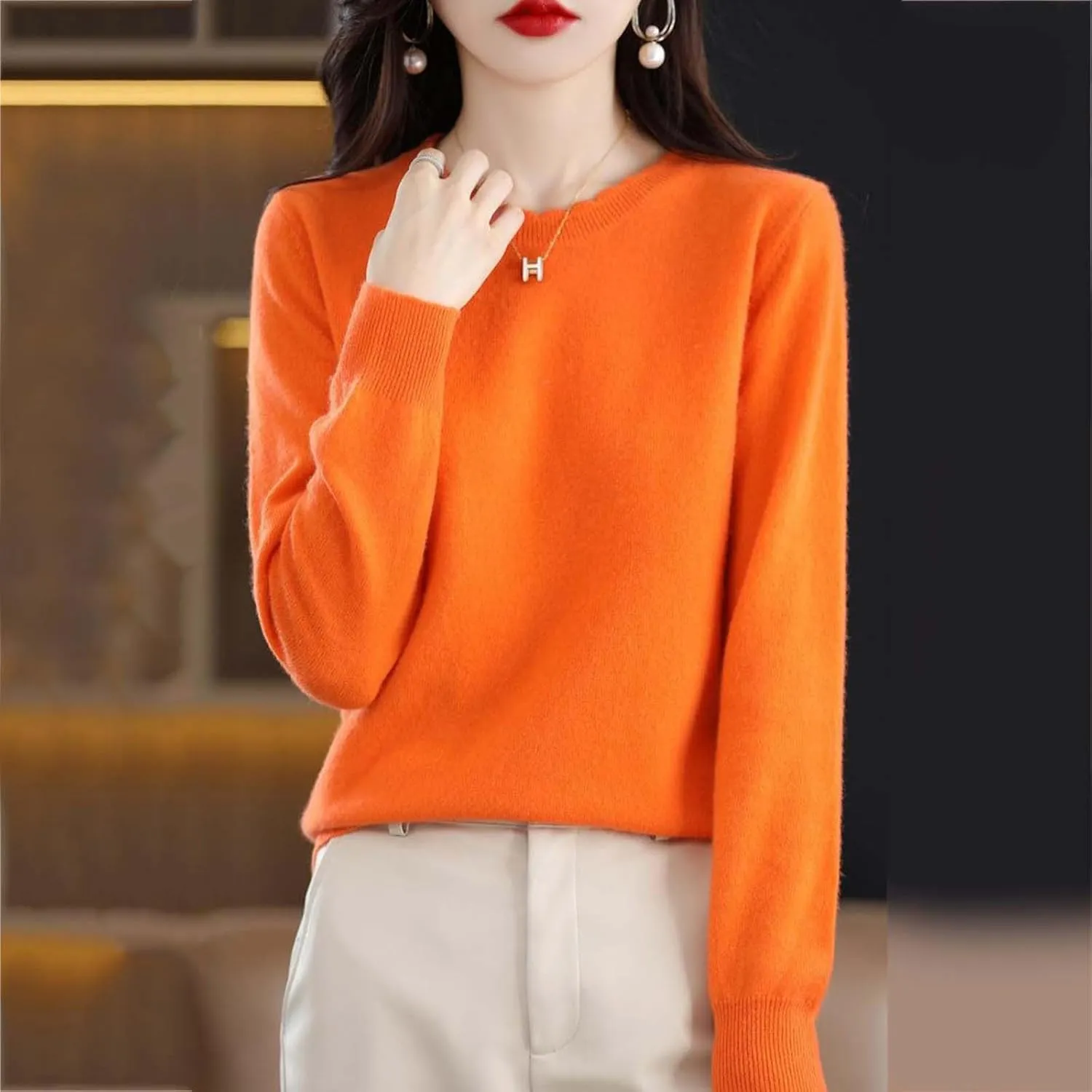 Women's Sweater Crewneck Cashmere Solid Color Long Sleeve Bottoming Shirt Pullover Tops Trendy Thermal Shirt Outfits