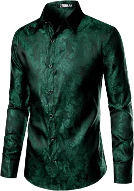 ZEROYAA Men's Paisley Jacquard Slim Fit Long Sleeve Button Up Dress Shirt for Party Prom
